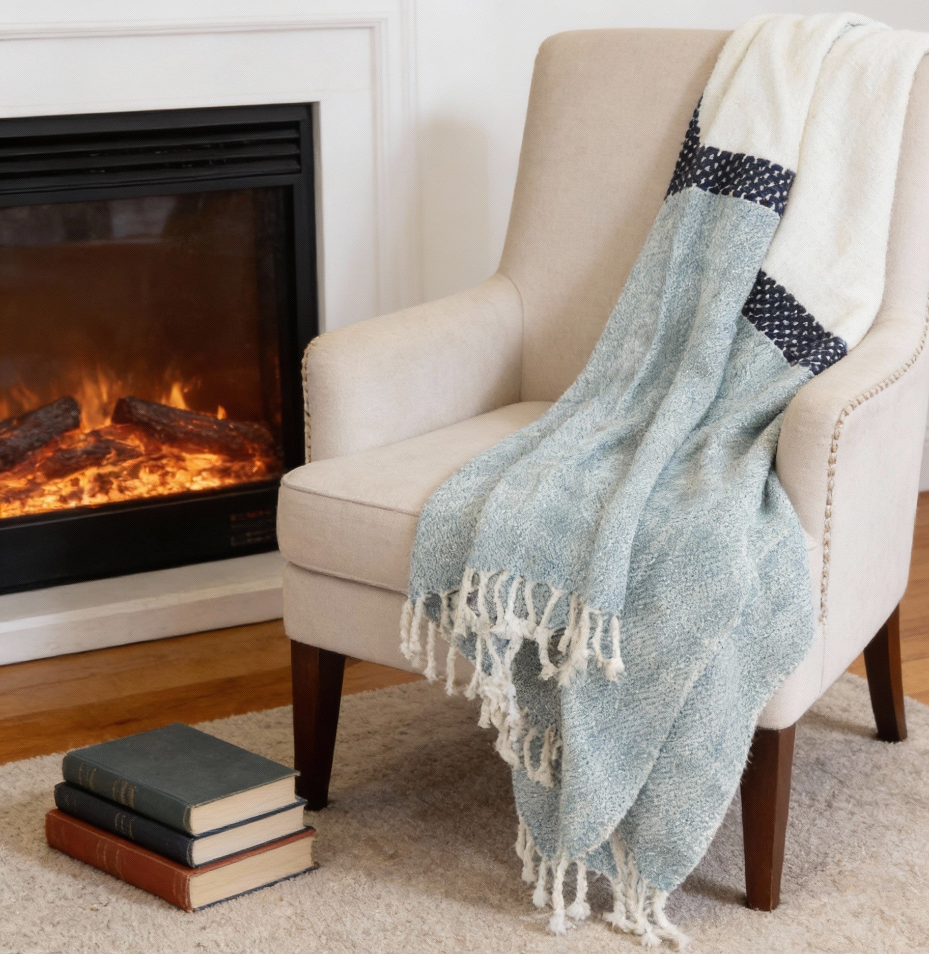 50 X 60 Blue And Ivory Cotton Woven Color Block Throw Blanket with Fringe