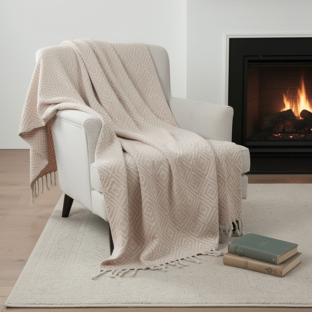 50 X 60 Blush Cotton Woven Geometric Throw Blanket with Fringe