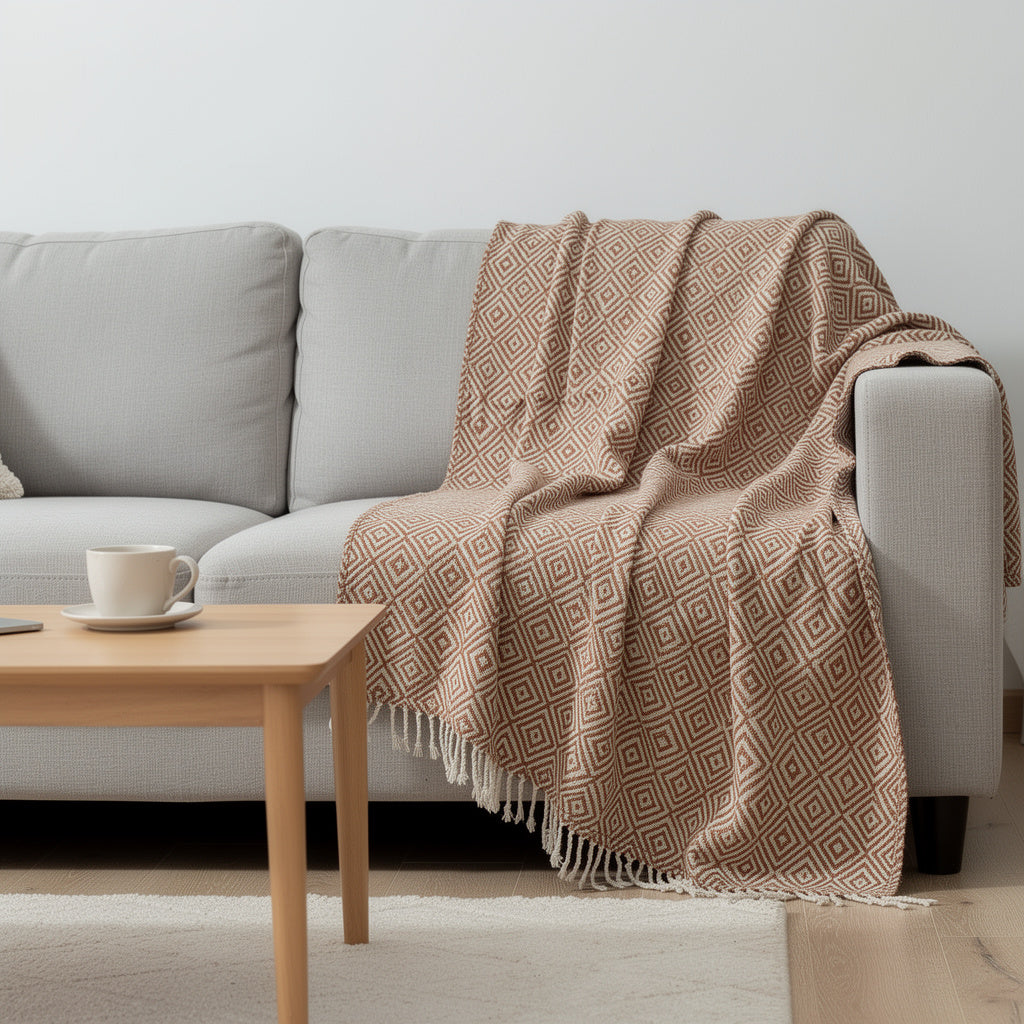 50 X 60 Brown Cotton Woven Geometric Throw Blanket with Fringe