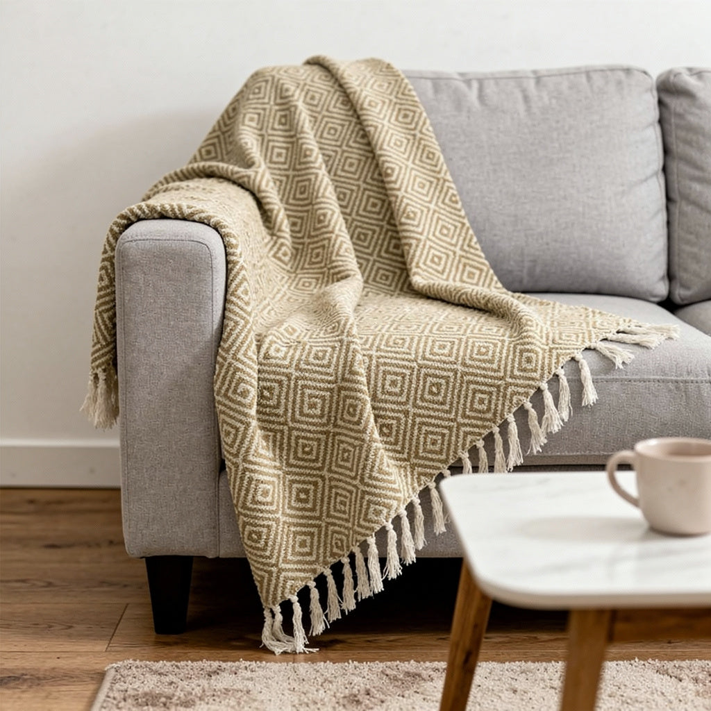 50 X 60 Natural Cotton Woven Geometric Throw Blanket with Fringe