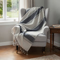 50 X 60 Blue And Ivory Cotton Woven Striped Throw Blanket with Fringe