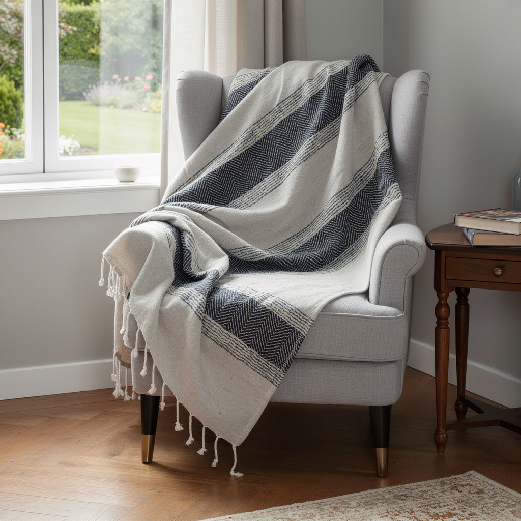 50 X 60 Blue And Ivory Cotton Woven Striped Throw Blanket with Fringe