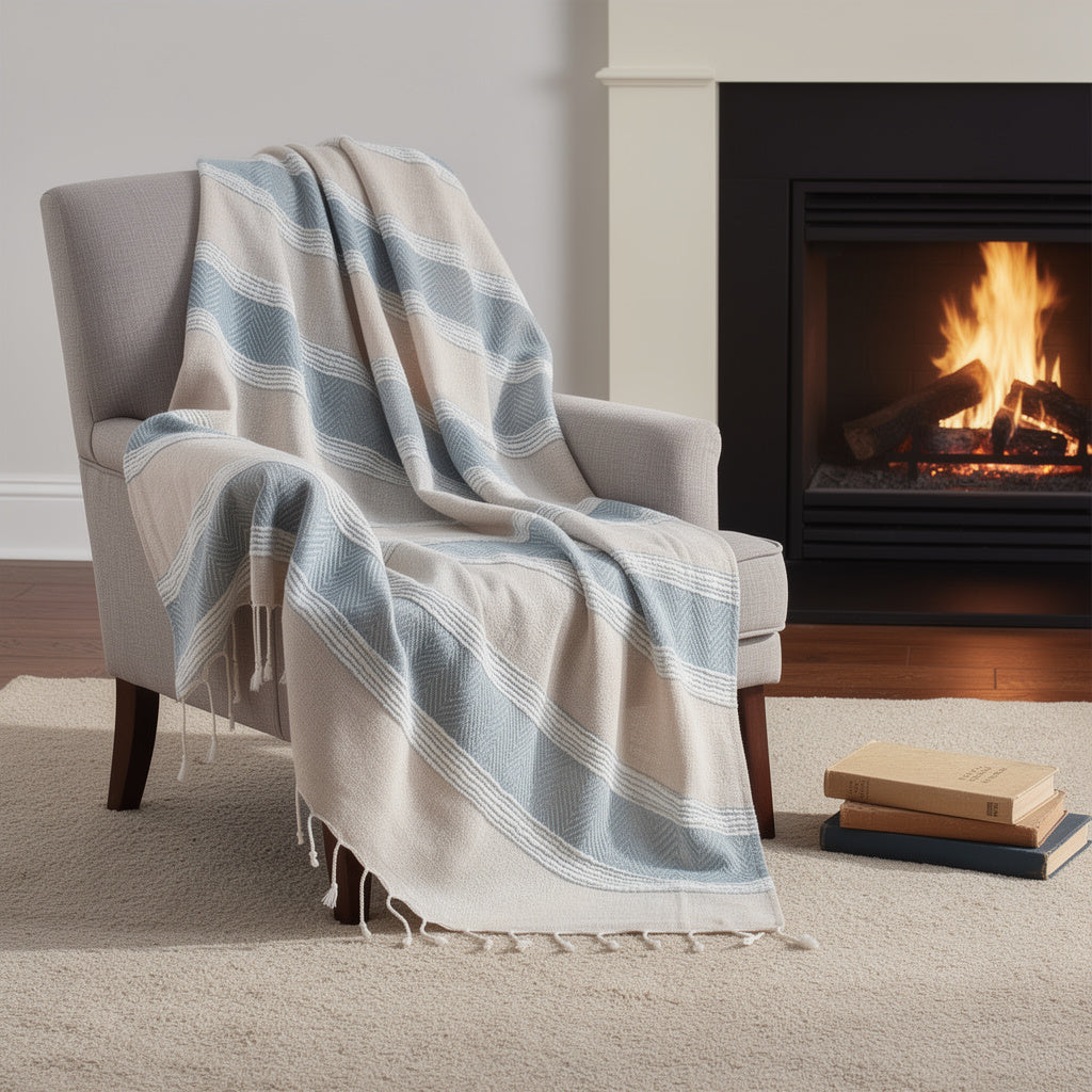 50 X 60 Aqua Cotton Woven Striped Throw Blanket with Fringe