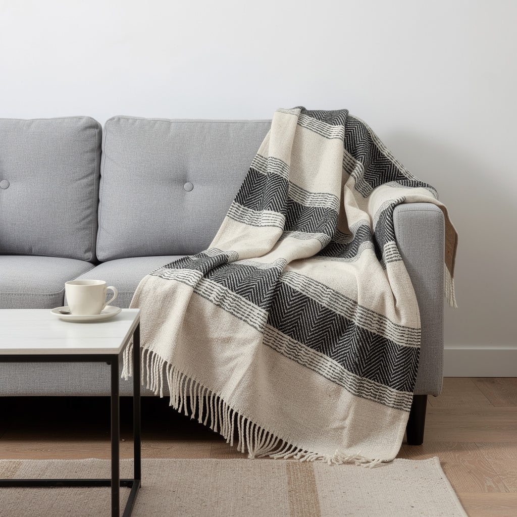 50 X 60 Black Cotton Woven Striped Throw Blanket with Fringe