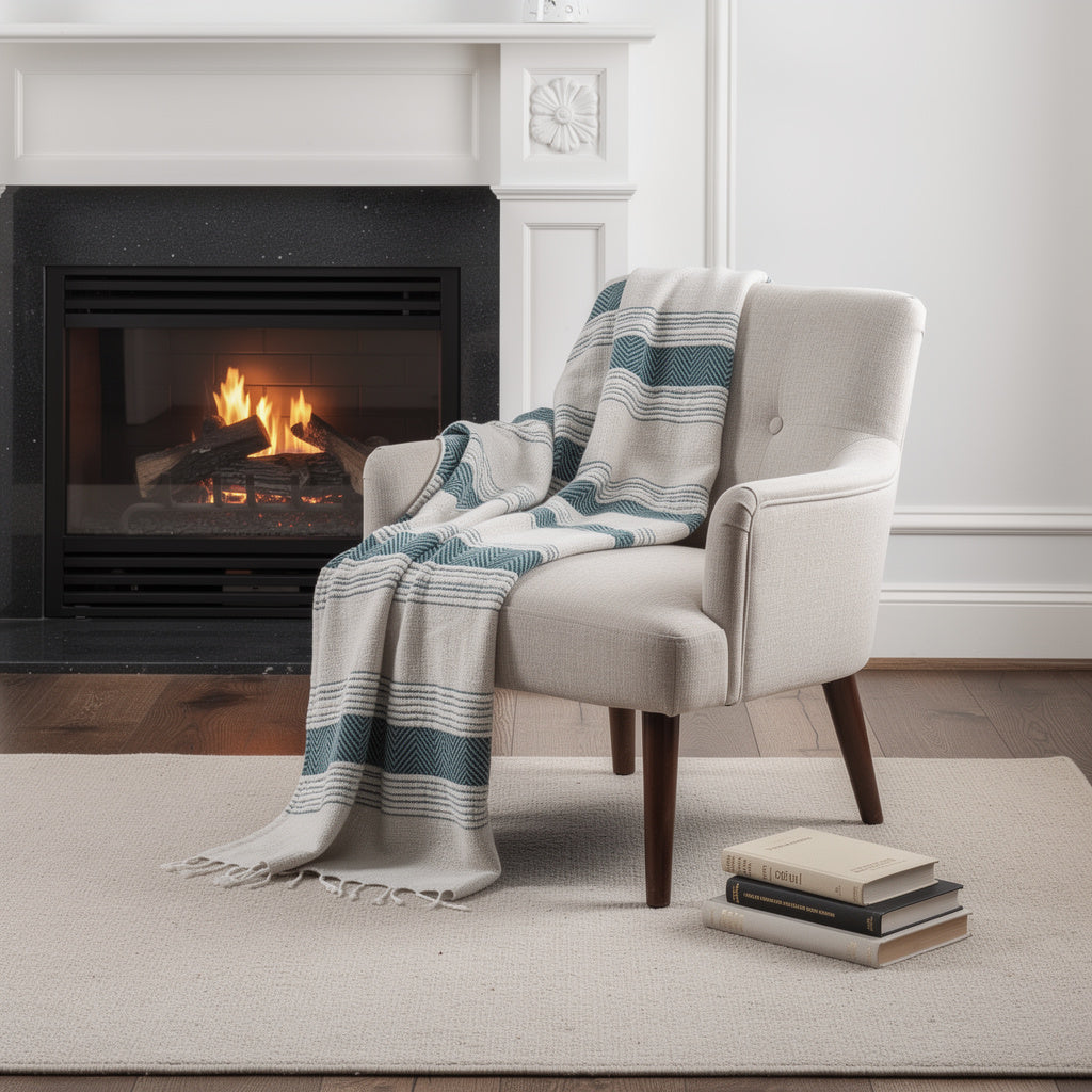 50 X 60 Teal And Blue Cotton Woven Striped Throw Blanket with Fringe