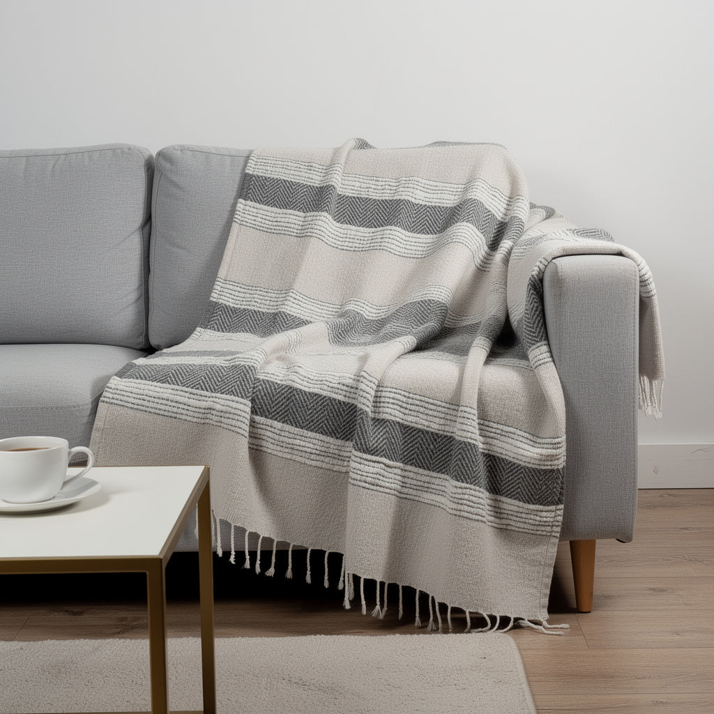 50 X 60 Gray Cotton Woven Striped Throw Blanket with Fringe