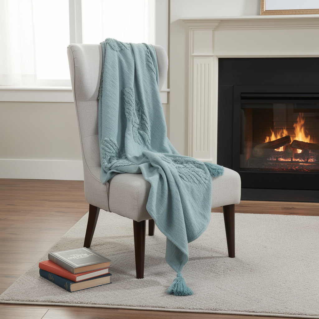 50 X 60 Teal And Blue Cotton Woven Ikat Throw Blanket with Fringe