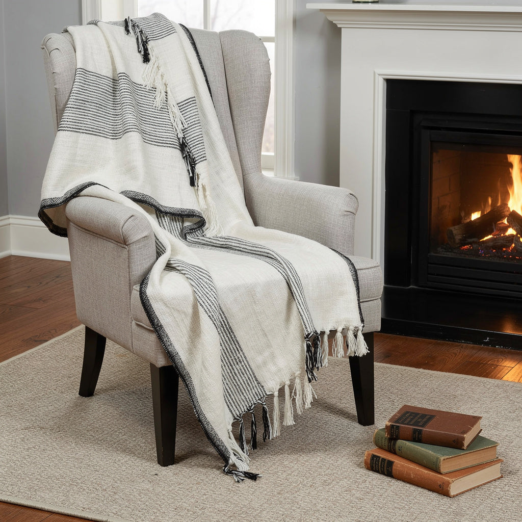 50 X 60 Black And Ivory Cotton Woven Striped Throw Blanket with Fringe