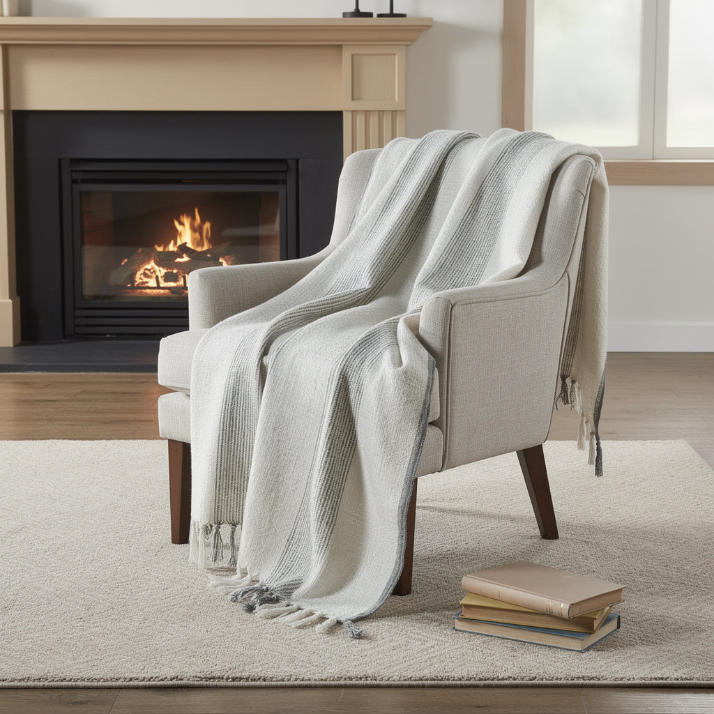 50 X 60 Gray And Ivory Cotton Woven Striped Throw Blanket with Fringe