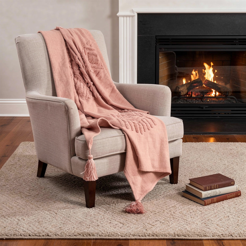 50 X 60 Coral Cotton Woven Ikat Throw Blanket with Tassels