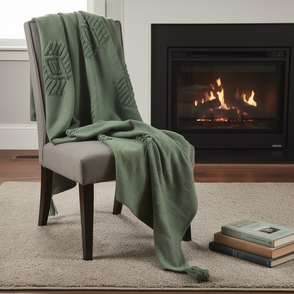 50 X 60 Green Cotton Woven Ikat Throw Blanket with Tassels