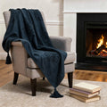 50 X 60 Blue Cotton Woven Ikat Throw Blanket with Tassels