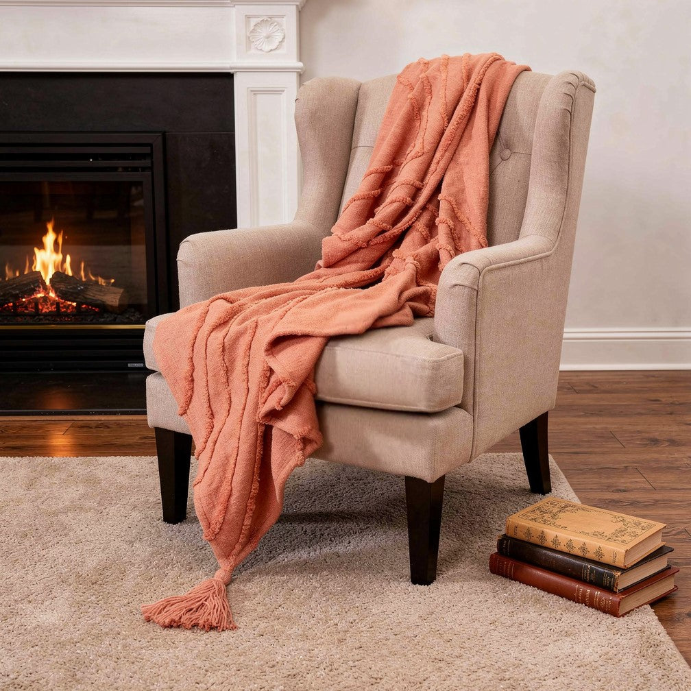 50 X 60 Coral Cotton Woven Geometric Throw Blanket with Tassels