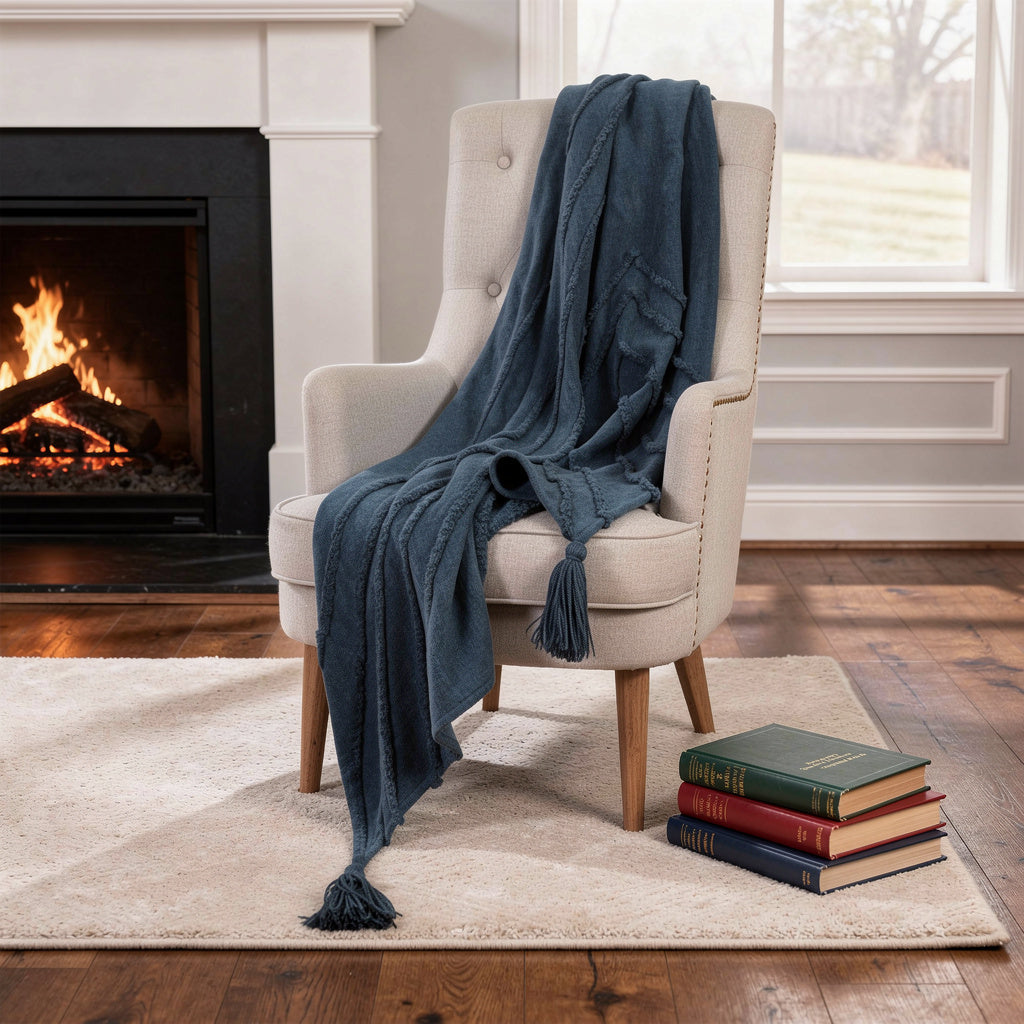 50 X 60 Blue Cotton Woven Geometric Throw Blanket with Tassels
