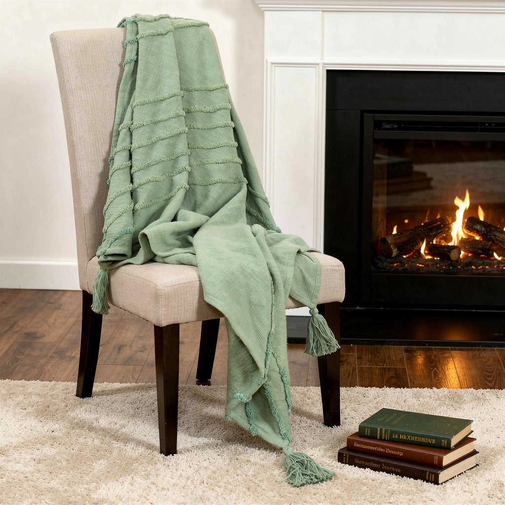 50 X 60 Green Cotton Woven Geometric Throw Blanket with Tassels