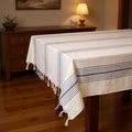71 x 95 Cream And Blue Striped Cotton Tablecloth And Napkins Set