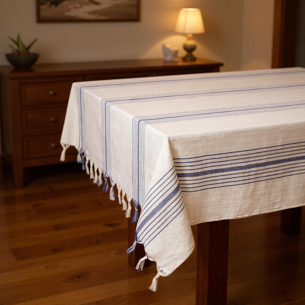 71 x 95 Cream And Blue Striped Cotton Tablecloth And Napkins Set