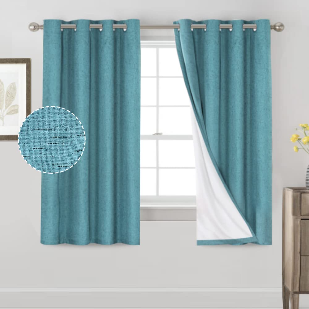 Princedeco Primitive Textured Linen 100% Blackout Curtains For Bedroom/Living Room Energy Saving Window Treatment Curtain Drapes, Burlap Fabric With White Thermal Insulated Liner (52X63In, Teal Blue)