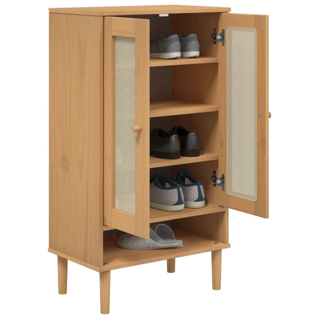 vidaXL Solid Pinewood Shoe Cabinet - SENJA Rattan Look Design - with 5 Compartments and 2 Doors - Spacious Storage, Brown