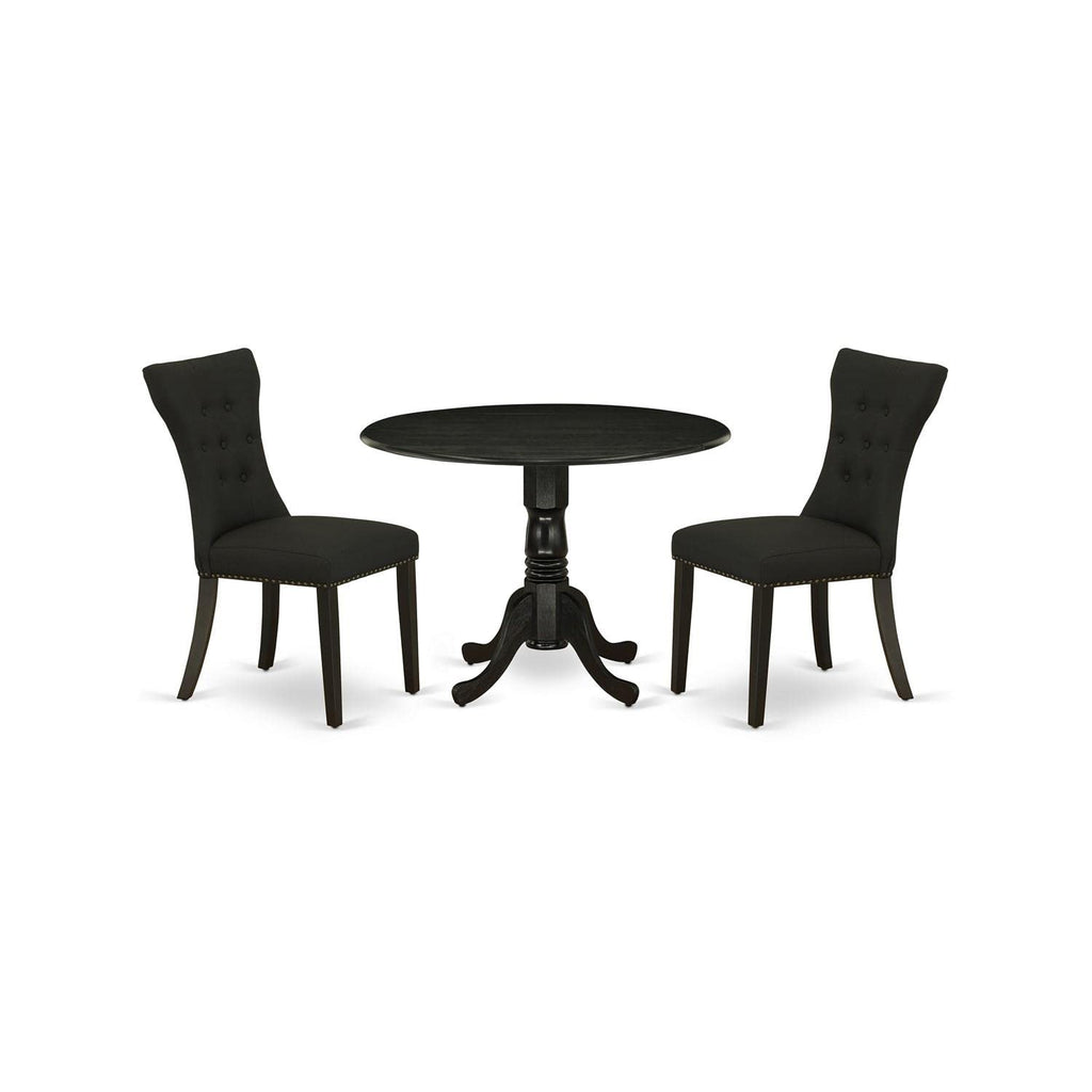 East West Furniture Dlga3-Blk-24 3 Piece Kitchen Table & Chairs Set Contains A Round Dining Room Table With Dropleaf And 2 Black Linen Fabric Parsons Dining Chairs, 42X42 Inch, Black