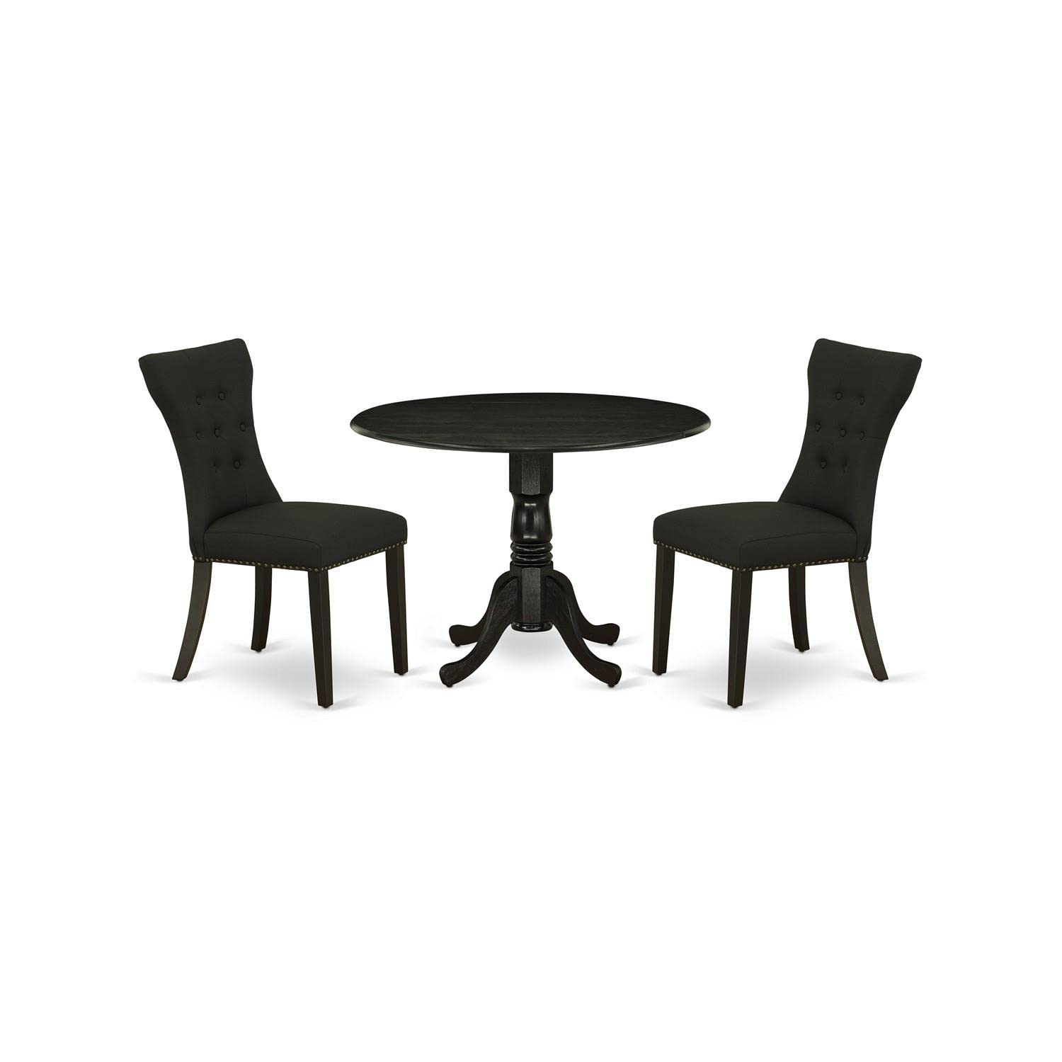 East West Furniture DLGA3-BLK-24 3 Piece Kitchen Table & Chairs Set Contains a Round Dining Room Table with Dropleaf and 2 Black