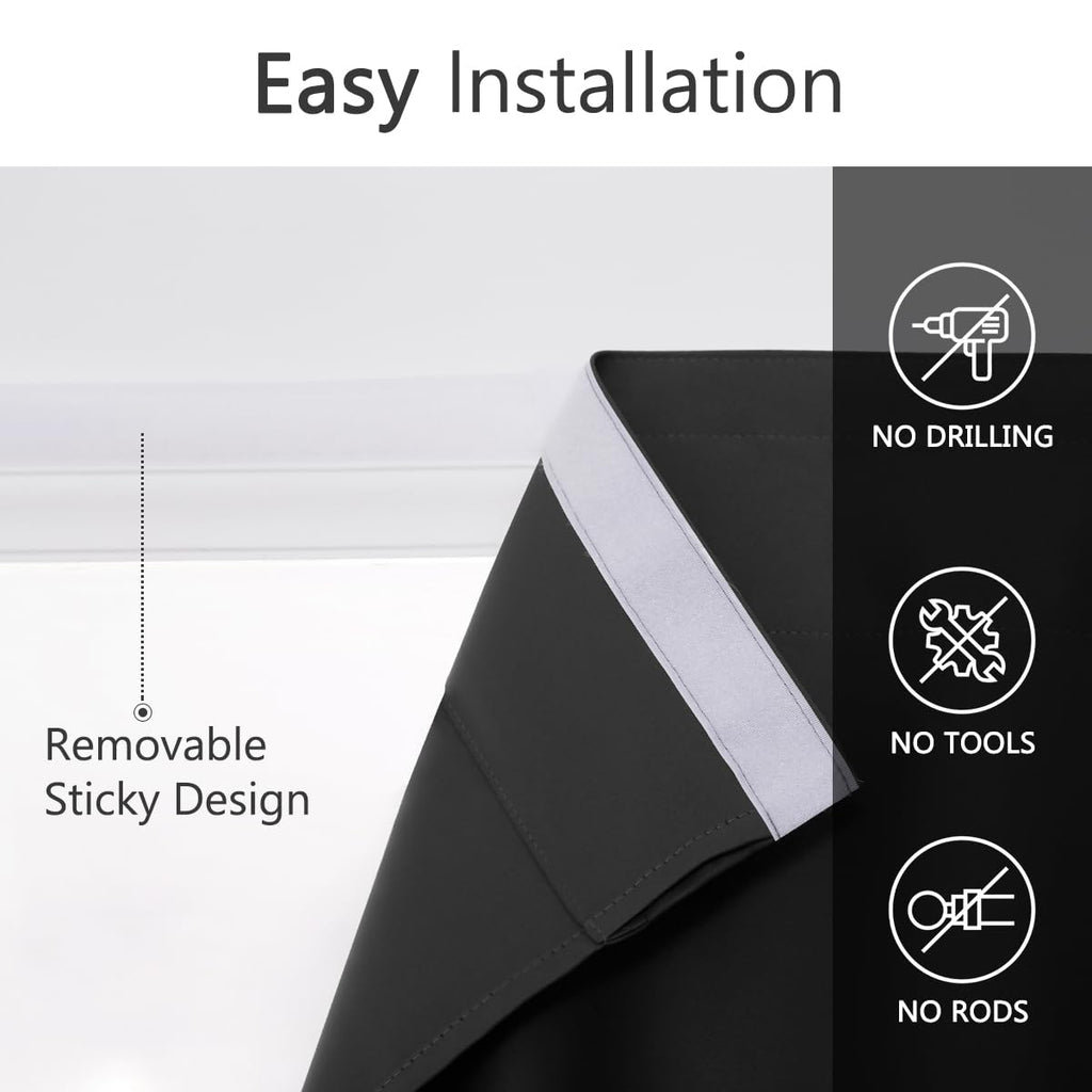 Muamar 2Pcs Blackout Curtains For Bedroom With Tiebacks,Self Adhesive Rodless Curtains, Portable Curtains Room Darkening Curtain
