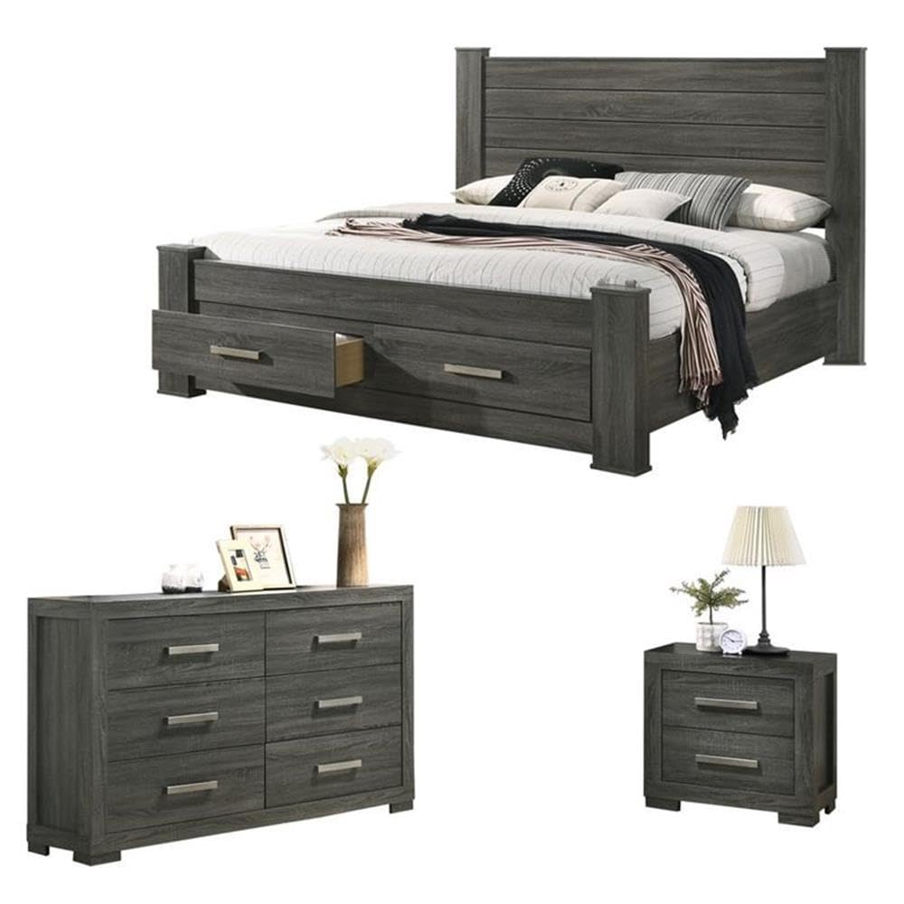 Best Quality Furniture 3Pc Queen Bed + Dresser + Nightstand, Weathered Gray