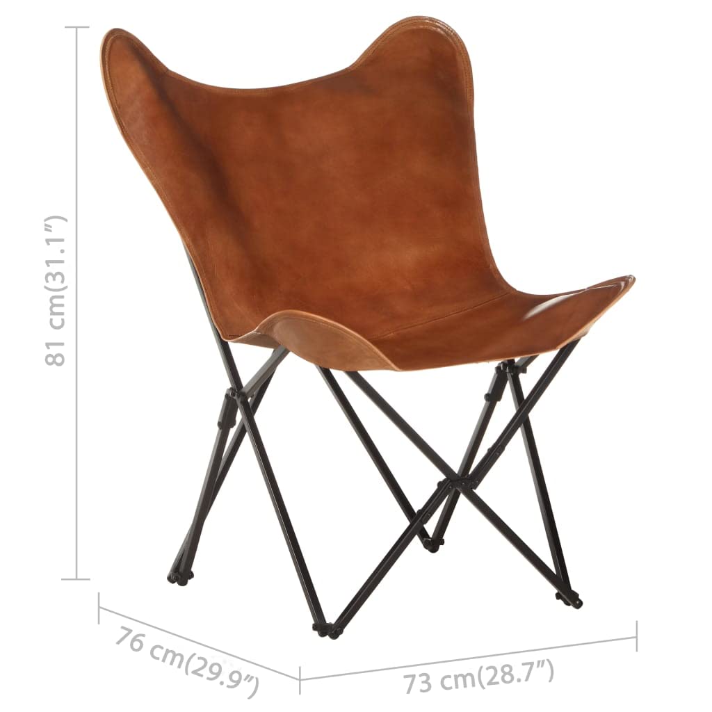 vidaXL Chair, Accent Chair with Powder Coated Folding Iron Frame, Foldable Butterfly Chair for Living Room, Industrial Style, Brown Real Leather