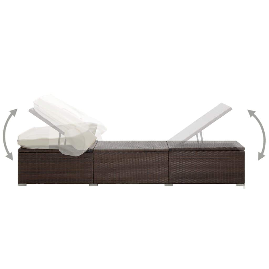 vidaXL Adjustable Sun Lounger with Canopy, Cushion - Weather Resistant, Poly Rattan Brown Design, Powder-Coated Steel Frame, Ideal for Poolside, Patio, Balcony, or Camping use.