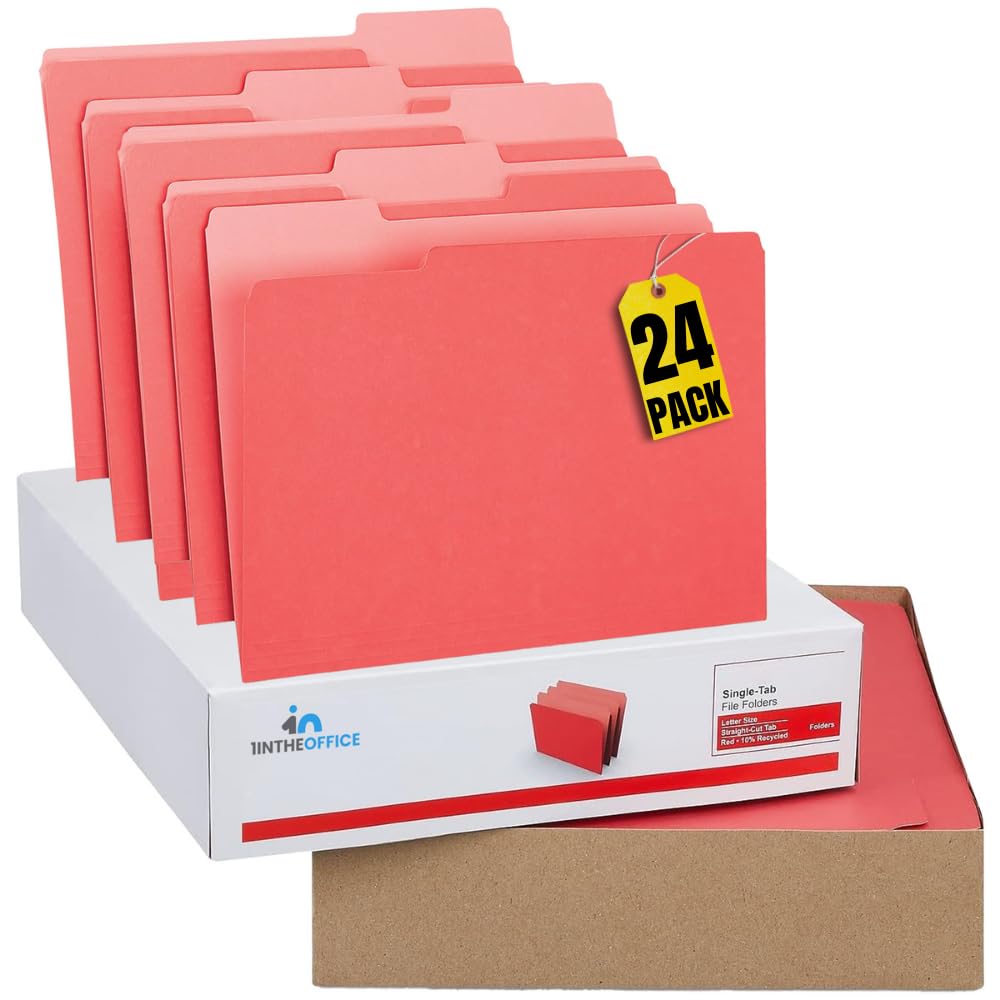 1Intheoffice Red File Folders Letter Size, File Folders With Tabs, Filling Folders, 1/3 Cut Tab, 24/Pack