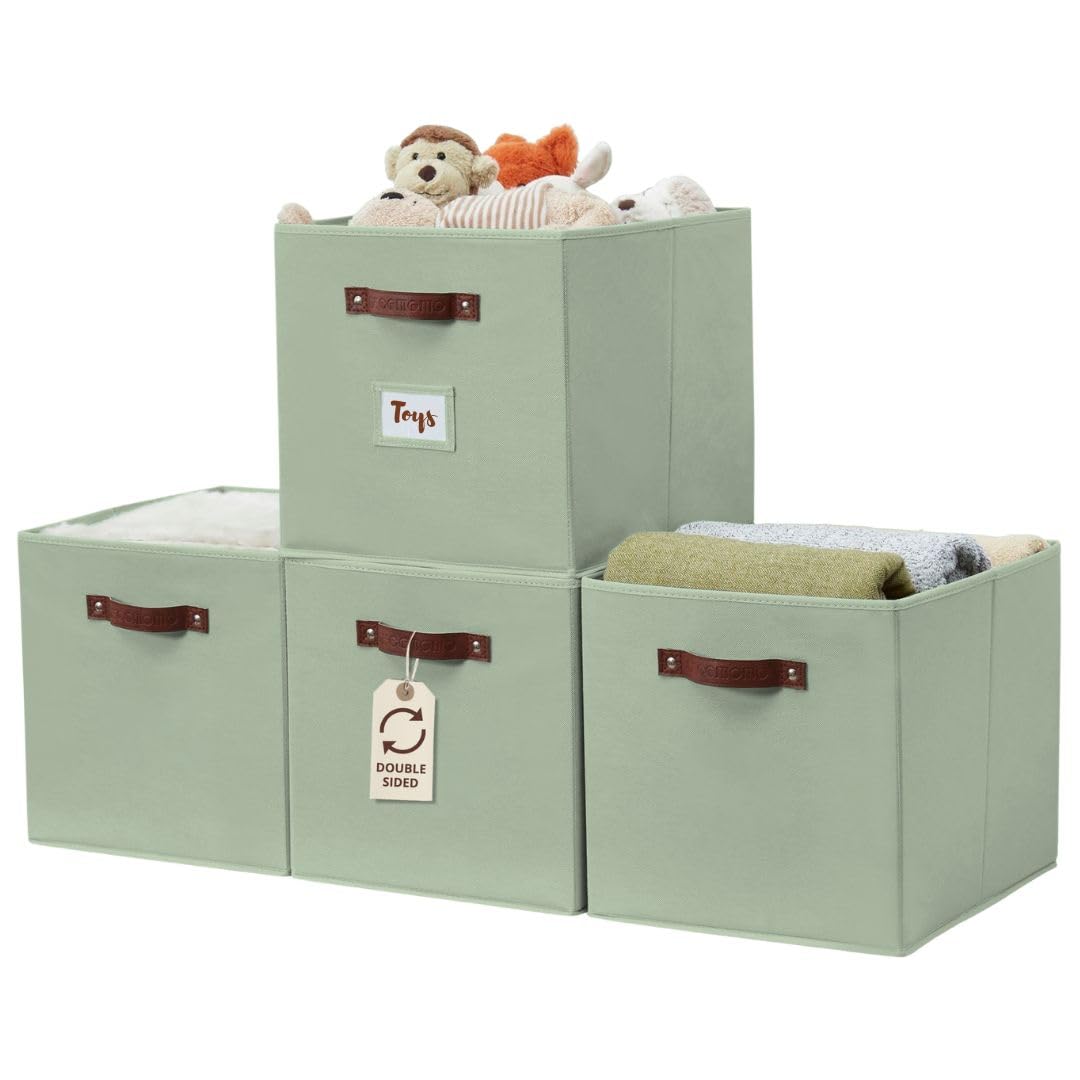 DECOMOMO Storage Baskets, 13x15x13 Storage Cube Bins with Labels for Organizing Shelves Kallax (Kallax / 4pcs, Sage Green)