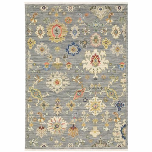 HomeRoots 509321 6 x 9 ft. Gray Ivory Gold Salmon Red Blue & Green Oriental Power Loom Stain Resistant Rectangle Area Rug with Fringe