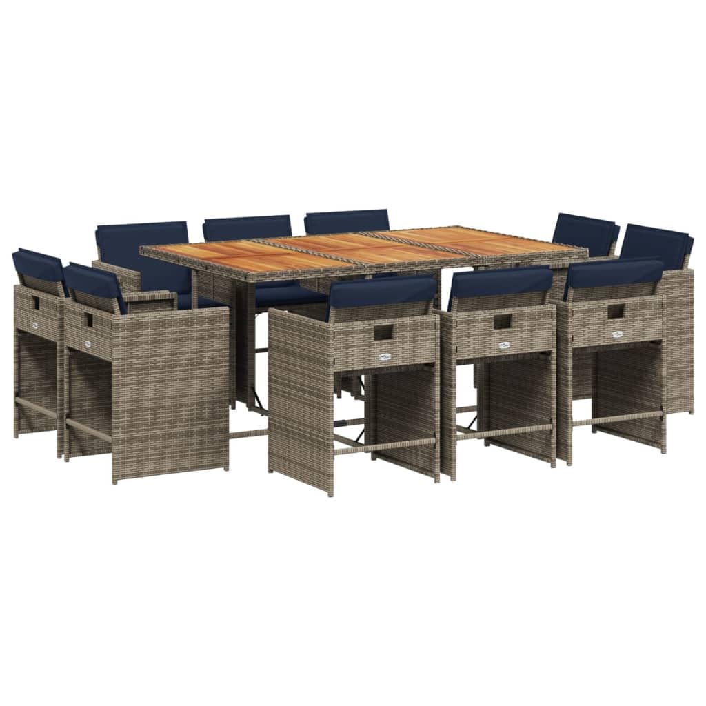 vidaXL Patio Dining Set with Cushions - 11 Piece Poly Rattan Outdoor Garden Furniture in Gray with Acacia Wood Tabletop and Navy Blue Cushions - Foldable Chairs for Compact Storage