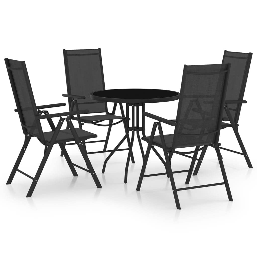vidaXL 5-Piece Outdoor Patio Dining Set with Adjustable Armchairs, Glass Tabletop, Textilene Seats and Backrests, Powder-Coated Aluminum Frame, Space Saving Design - Black