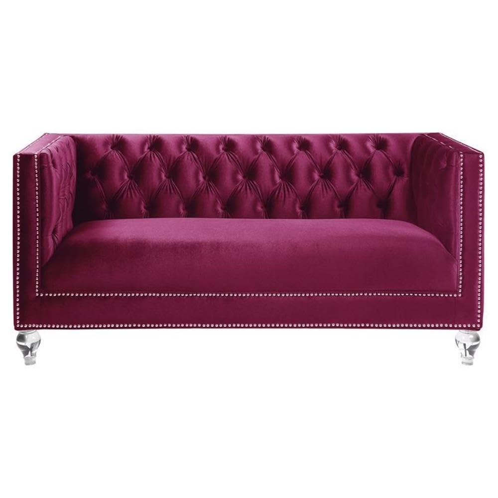 Acme Heibero Button Tufted Velvet Loveseat with 2 Pillows in Burgundy