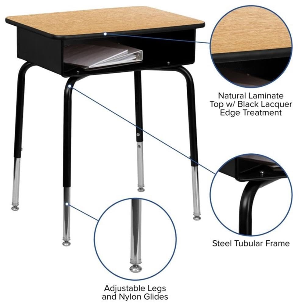 Flash Furniture Billie Student Desk - Natural Open Front Metal School Desk - 24"W x 18"D Adjustable Height, Durable Desk for School or Remote Learning