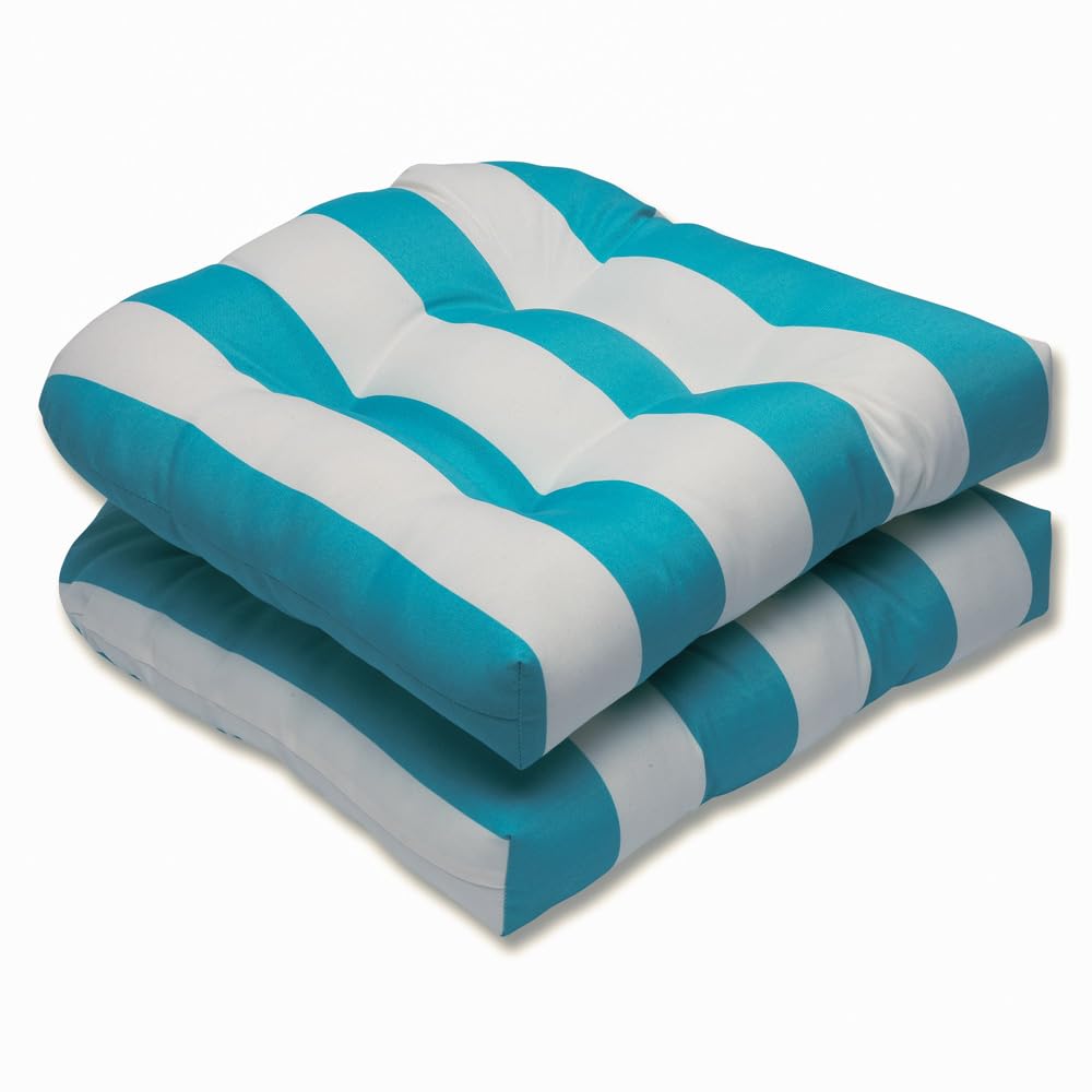 Pillow Perfect Stripe Indoor/Outdoor Chair Seat Cushion, Tufted, Weather, And Fade Resistant, 19' X 19', Blue/White Cabana Str