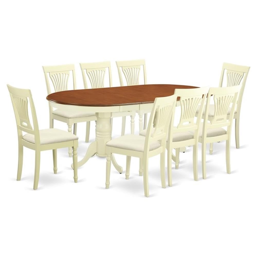 East West Furniture PLAI9-WHI-C 9 Piece Kitchen Table Set Includes an Oval Dining Table with Butterfly Leaf and 8 Linen Fabric Dining Room Chairs, 42x78 Inch, Buttermilk & Cherry