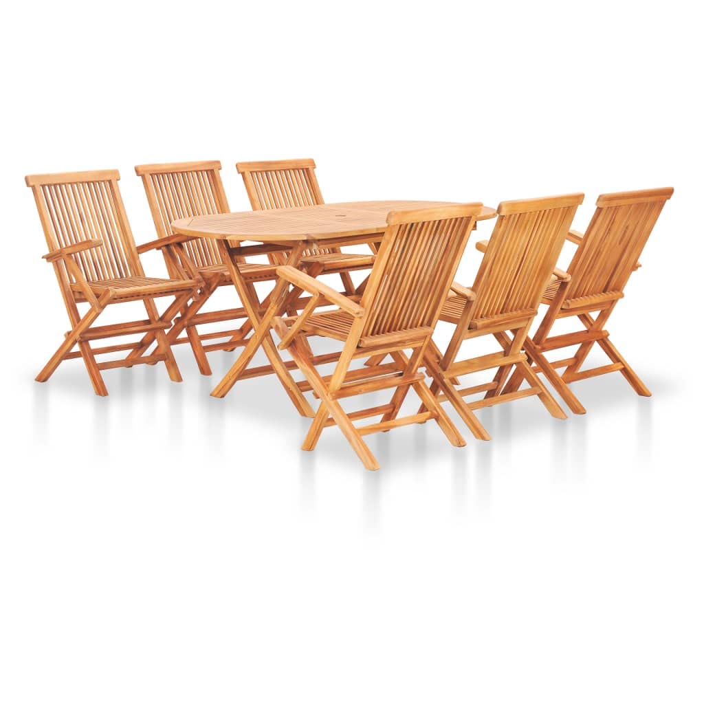Vidaxl Solid Teak Wood 7 Piece Folding Patio Dining Set Weather Resistant Garden Table Chair Furniture Set Backyard Terrace Porch Poolside Home