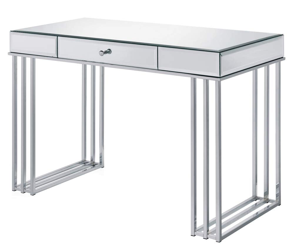 Acme Critter 1-Drawer Writing Desk with Metal Sled Base in Mirrored and Chrome