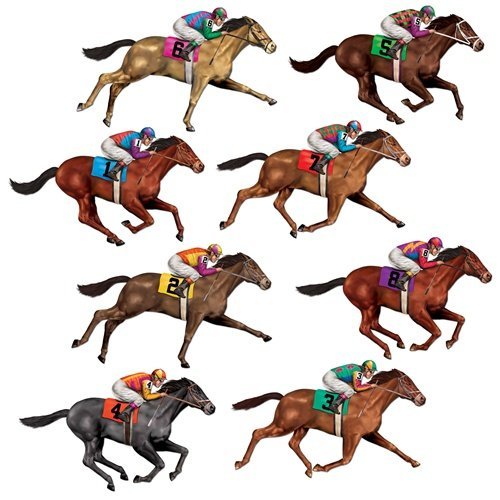 Beistle Racehorse Themed Photo Props, 8 Pieces, 29' - Printed Plastic Cut Out Horse Racing Wall Decorations, Jockey Backdrops