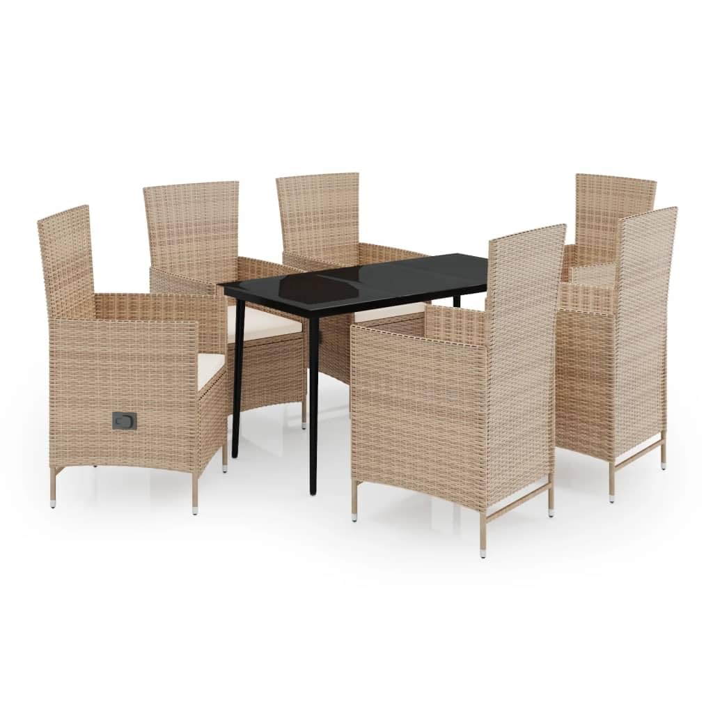 vidaXL 7-Piece Patio Dining Set with Reclining Chairs & Cushions - Beige PE Rattan Outdoor Furniture with Glass Tabletop