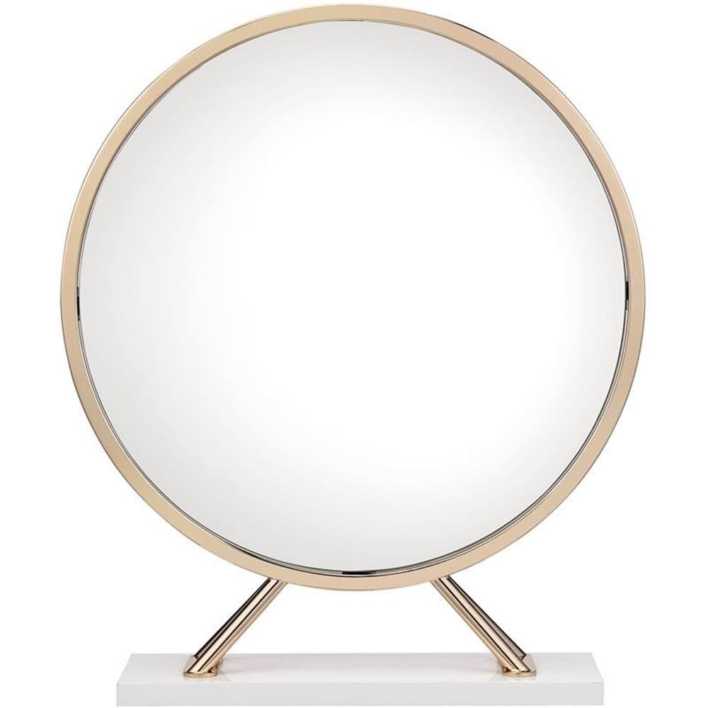 Acme Midriaks Metal Round Mirror and Faux Leather Stool in White and Gold