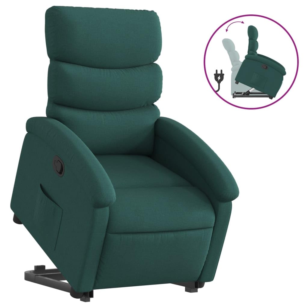 vidaXL Dark Green Stand Up Recliner Chair - Power Lift Assist, Manual Recline, Padded Fabric Seating, Side Pocket, Sturdy Frame 