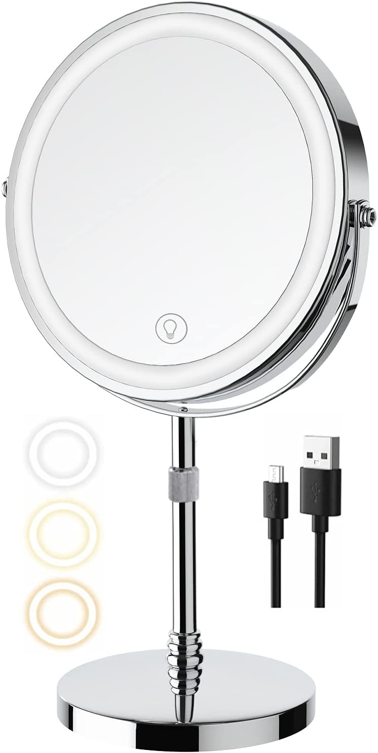 HIHIA Lighted Tabletop Makeup Mirror 8 Inch Double-Sided 7X Magnification, Desk Mirror with Pedestal for Shaving, Height Adjusta