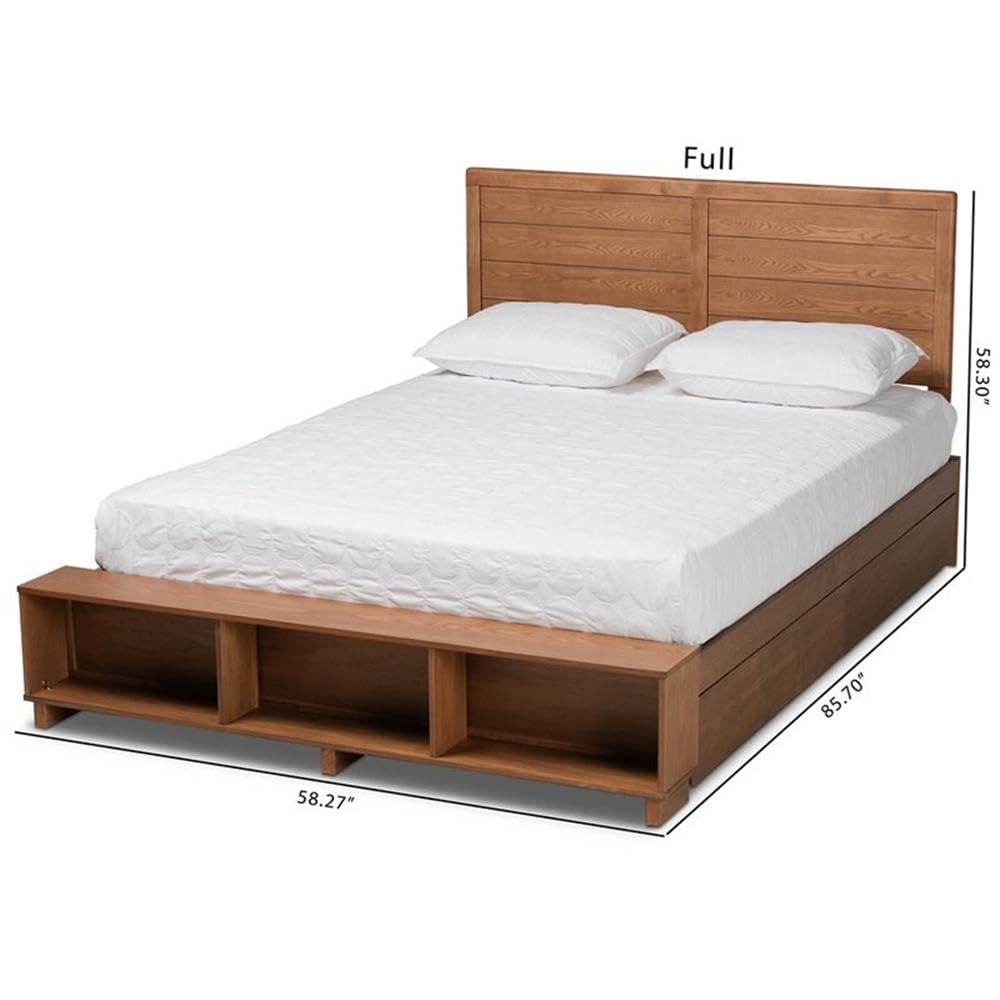 Baxton Studio Alba Modern Transitional Ash Walnut Brown Finished Wood Full Size 4-Drawer Platform Storage Bed with Built-In Shelves