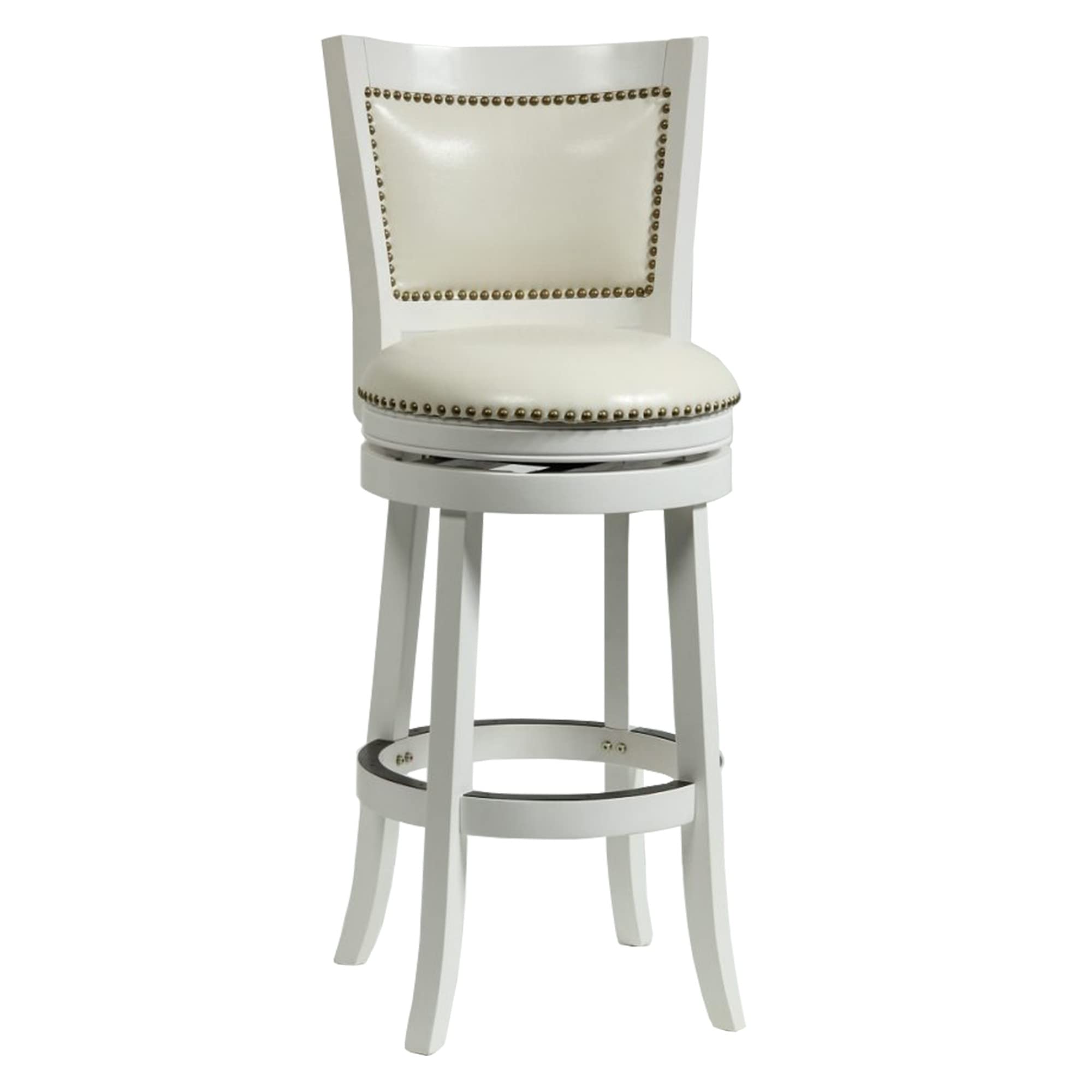 Benjara Nailhead Trim Round Leatherette Barstool With Flared Legs, White