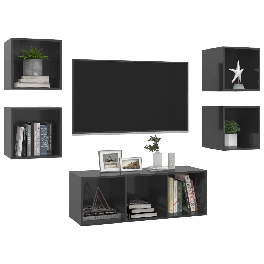 vidaXL TV Stand Set 5 Piece, TV Unit for Living Room, Sideboard, Media Unit Cupboard, Modern Scandinavian, High Gloss Gray Engineered Wood