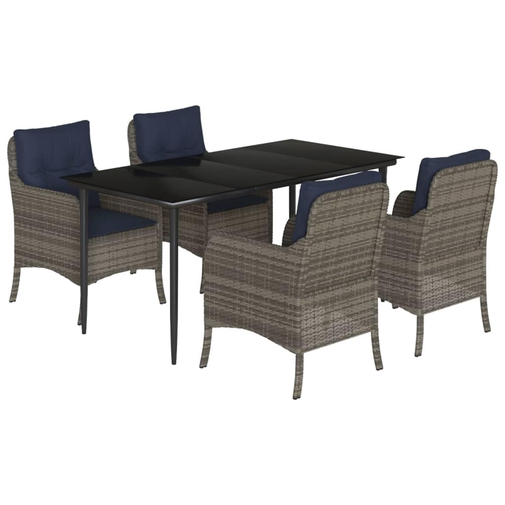vidaXL 5-Piece Outdoor Dining Set - Gray PE Rattan Chairs & Black Table with Navy Cushions, Tempered Glass Top, Weather-Resistant
