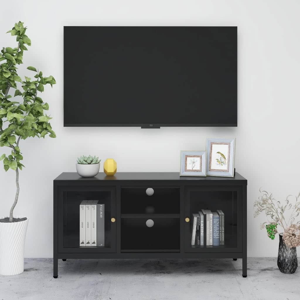 vidaXL Modern TV Stand Cabinet in Black - Sturdy Steel and Glass Construction - Ample Storage with Adjustable Shelf - Easy Assembly and Cleaning